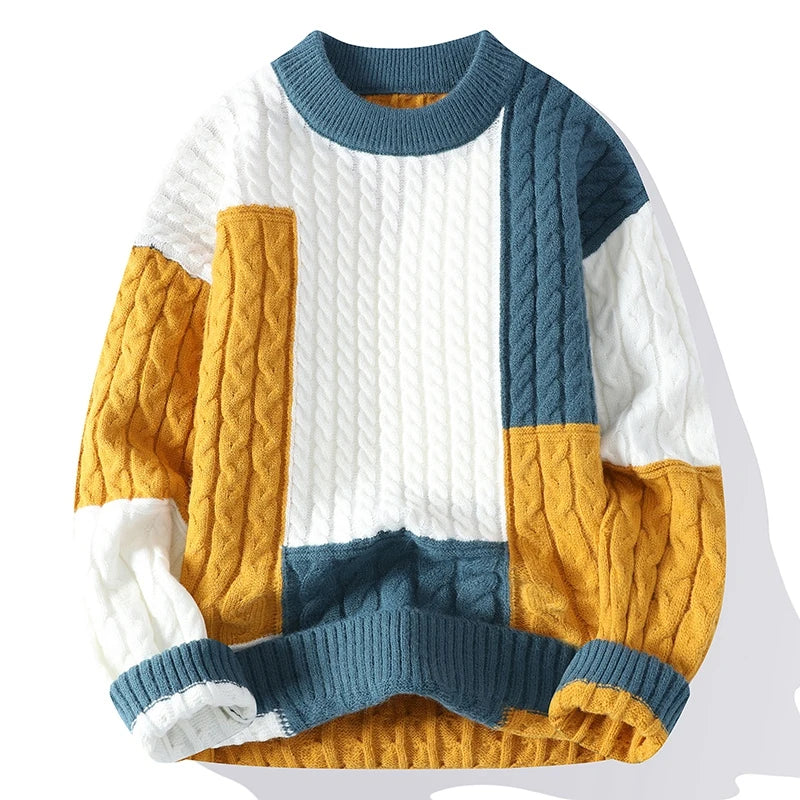 Men's Patchwork Sweater Loose Fit Knit Pullover Spring Winter