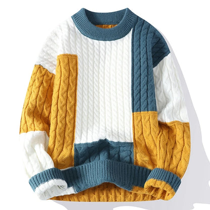 Men's Patchwork Sweater Loose Fit Knit Pullover Spring Winter