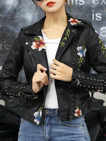 Women's Floral PU Leather Jacket Embroidery