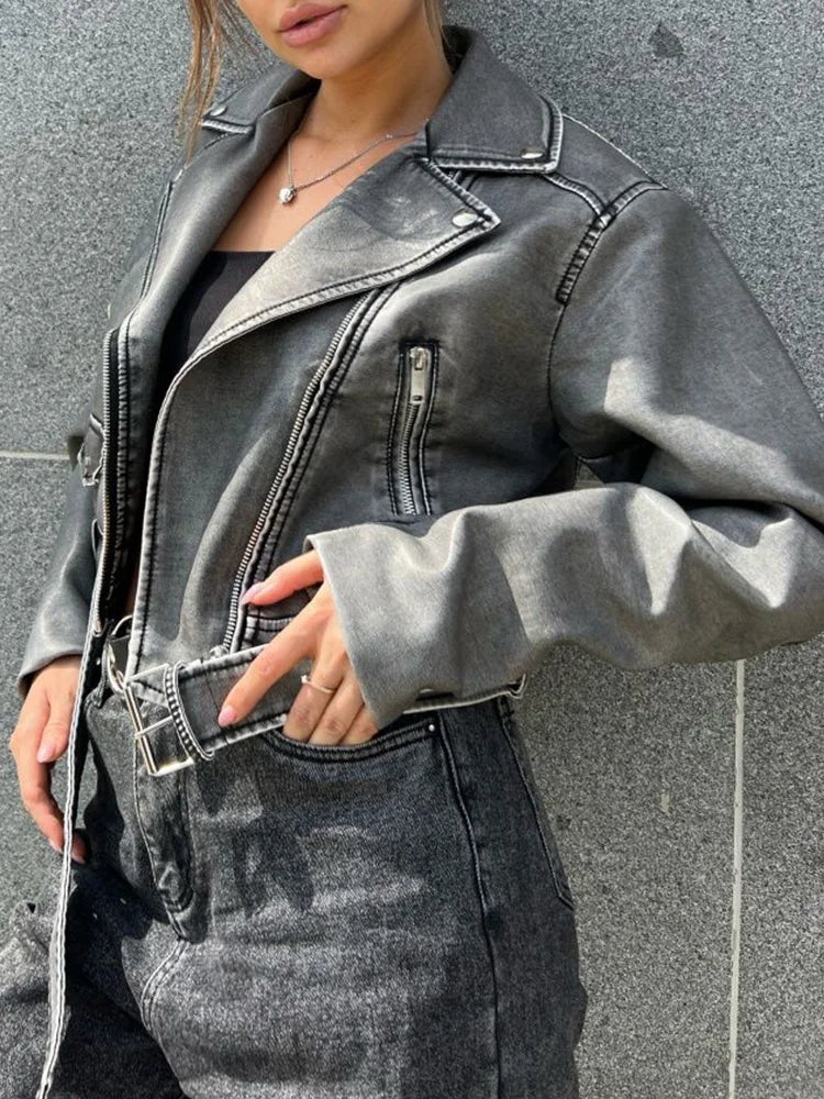 Women's Retro PU Leather Jacket Loose Fit Moto Biker