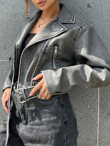Women's Retro PU Leather Jacket Loose Fit Moto Biker