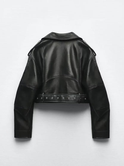 Women's Faux PU Leather Jacket Motorcycle Belt Zipper