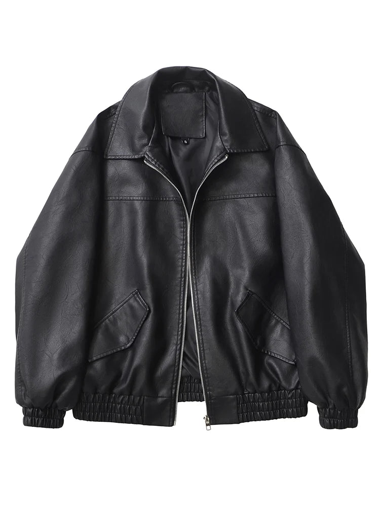 Women's Retro PU Leather Jacket Loose Fit Zipper Moto