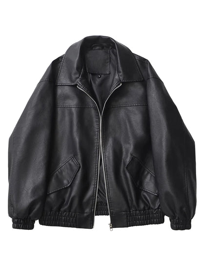 Women's Retro PU Leather Jacket Loose Fit Zipper Moto