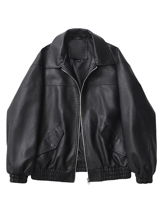 Women's Retro PU Leather Jacket Loose Fit Zipper Moto