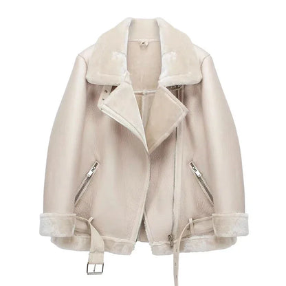 Women's Thick Faux Leather Fur Coat Spliced Aviator Winter