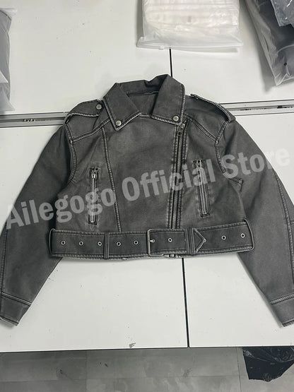 Women's Faux Leather Jacket Vintage Loose Washed Streetwear