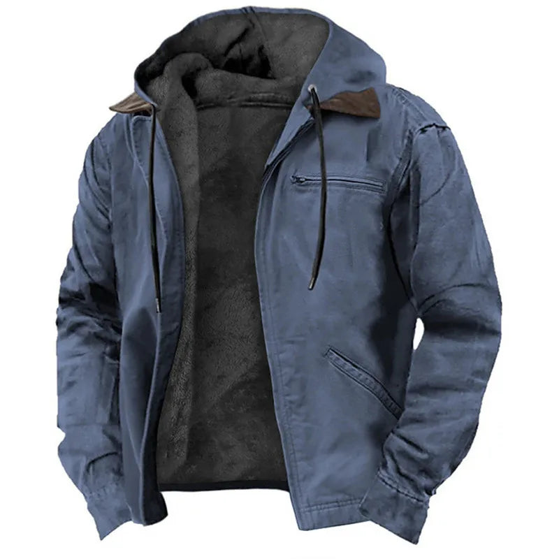 Men's Fleece Jacket Hooded Zipper Pocket Winter Warm
