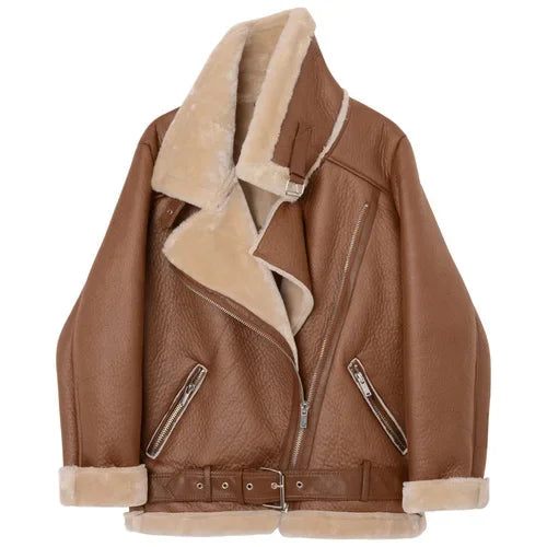 Women's Thick Faux Leather Fur Coat Spliced Aviator Winter