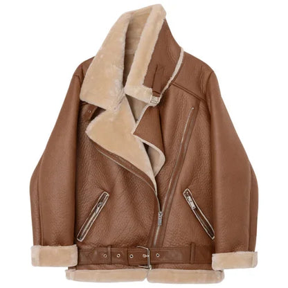 Women's Thick Faux Leather Fur Coat Spliced Aviator Winter