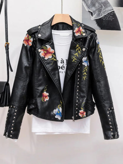 Women's Floral PU Leather Jacket Embroidery