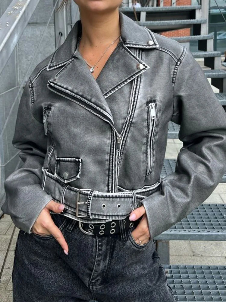 Women's Retro PU Leather Jacket Loose Fit Moto Biker