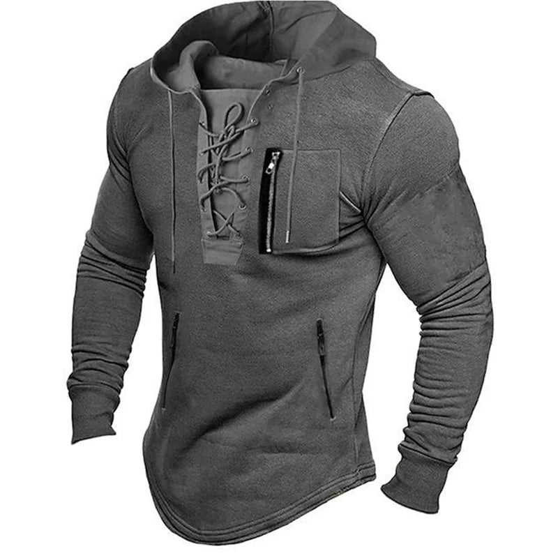 Men's Mid-Length Hoodie Lace-Up Pullover Zipper Pockets