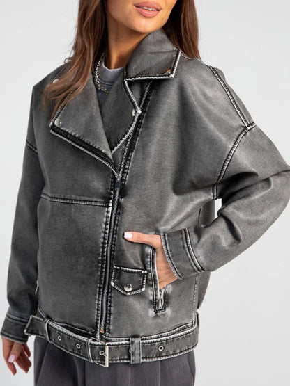 Women's Vintage Faux Leather Jacket Loose Fit Zipper Belt
