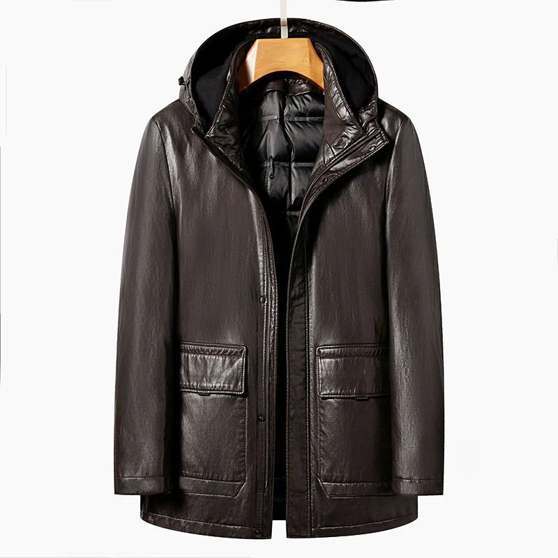 Men's Hooded Leather Down Jacket Detachable Duck Down Liner