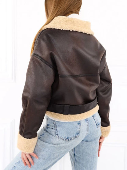 Women's Vintage Faux Lamb Jacket Loose Fit Moto Biker