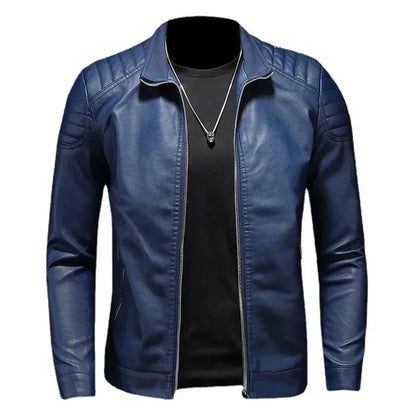 Men's Stand Collar Leather Jacket Slim