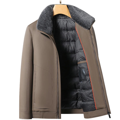 Men's Leather Winter Jacket Ferret Fur Collar Duck Down