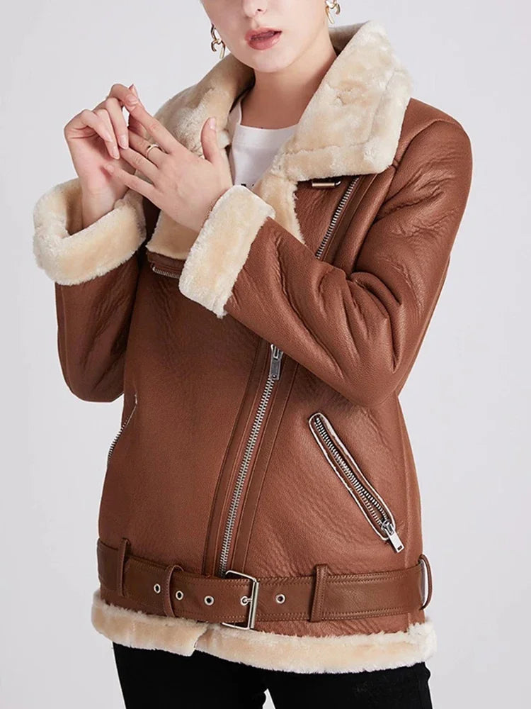 Women's Thick Faux Leather Fur Coat Spliced Aviator Winter