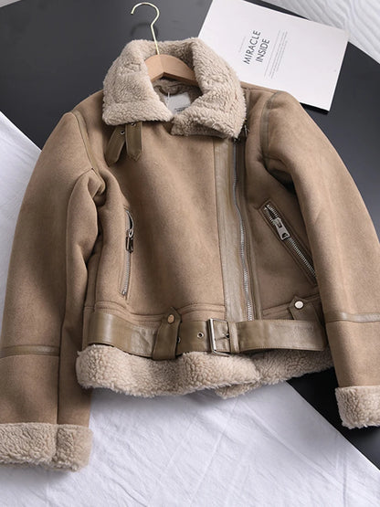 Women's Suede Lamb Jacket Thick Warm Motorcycle