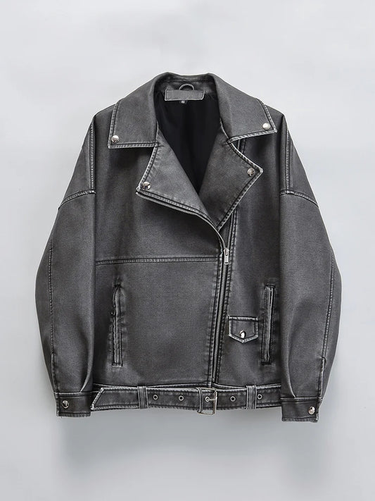Women's Retro PU Leather Jacket Loose Fit Zipper Belt