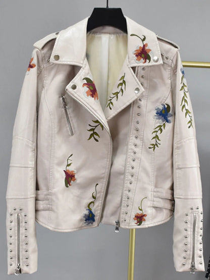 Women's Floral PU Leather Jacket Embroidery