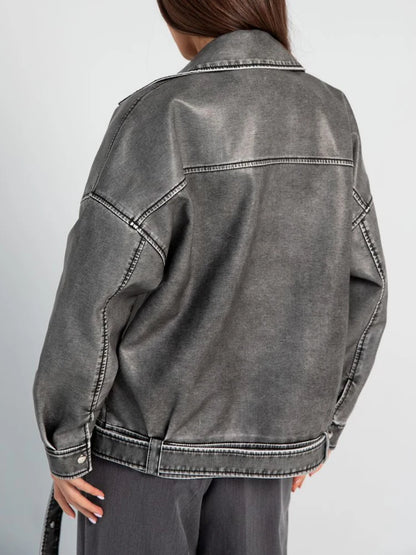 Women's Vintage Faux Leather Jacket Loose Fit Zipper Belt