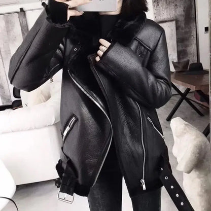 Women's Thick Faux Leather Fur Coat Spliced Aviator Winter